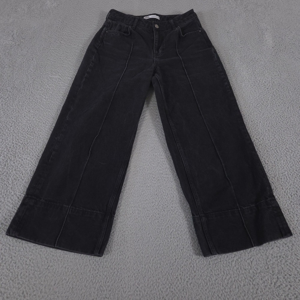 Zara Jeans Women 4 Black Marine Wide Leg Straight Cotton Seam Front High Rise‎